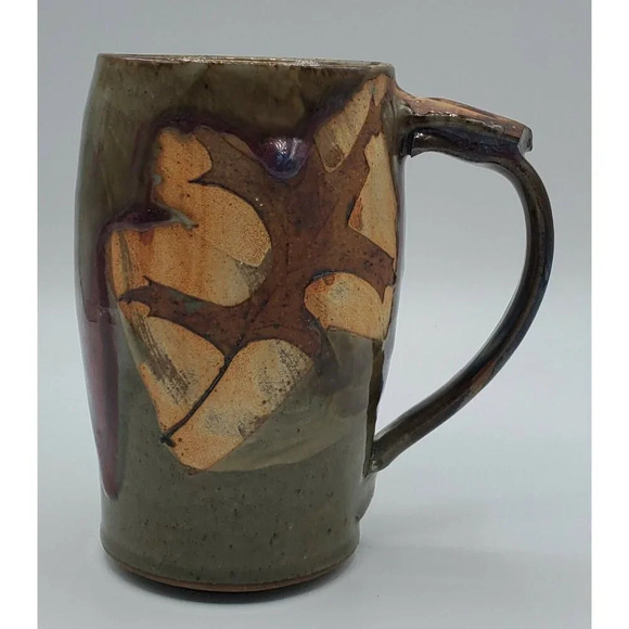 Mary Weisgram Pottery Large Tall Mug Brown with Autumn Oak Leaf Design Signed - Picture 2 of 9